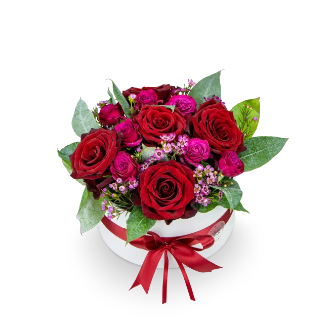 Box červených a růžových růží